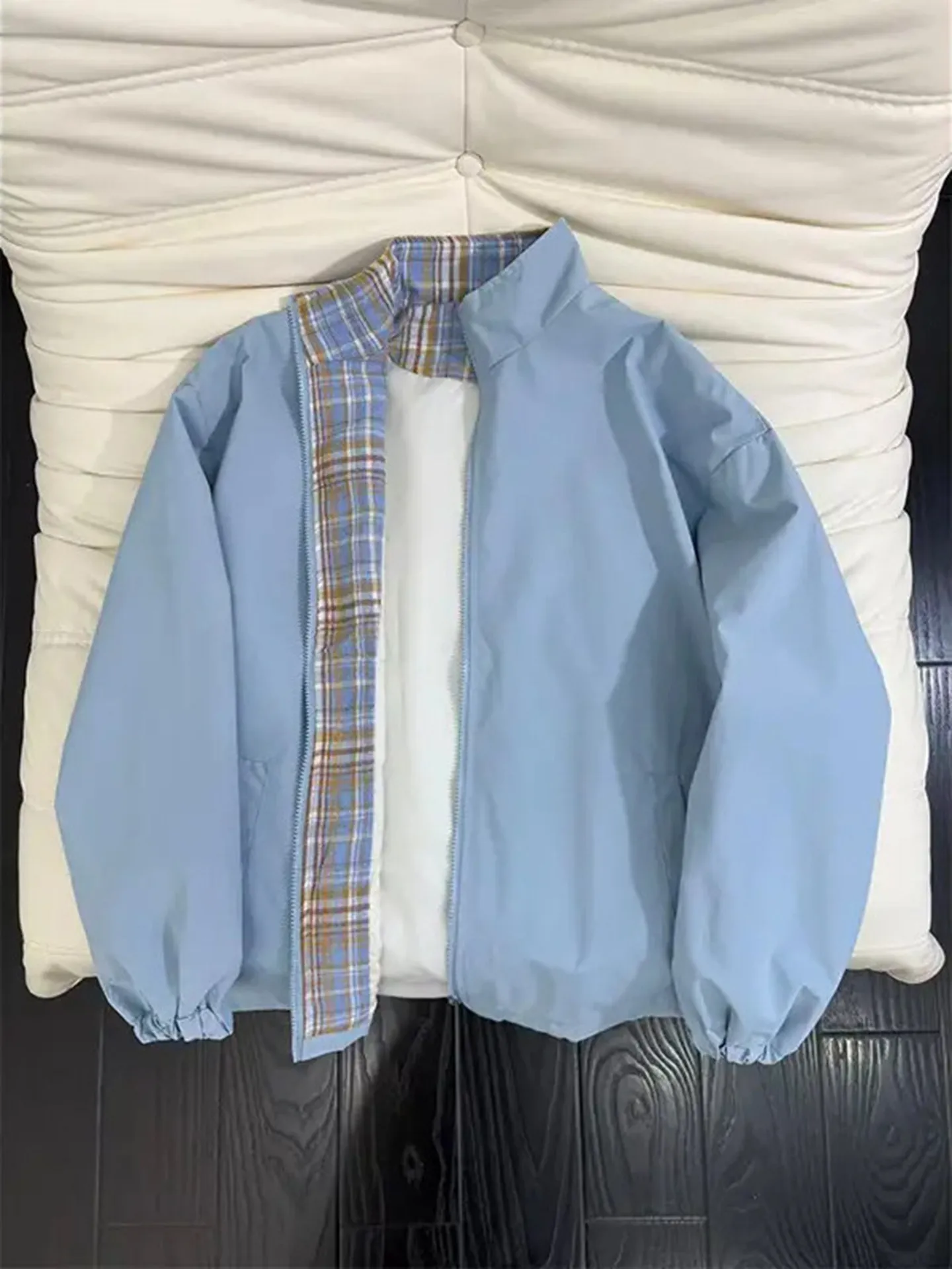 Black Cleanfit Plaid Patchwork Baseball Style Pilot Jacket for Men High Street Stand Collar Autumn Outerwear Casual Youth