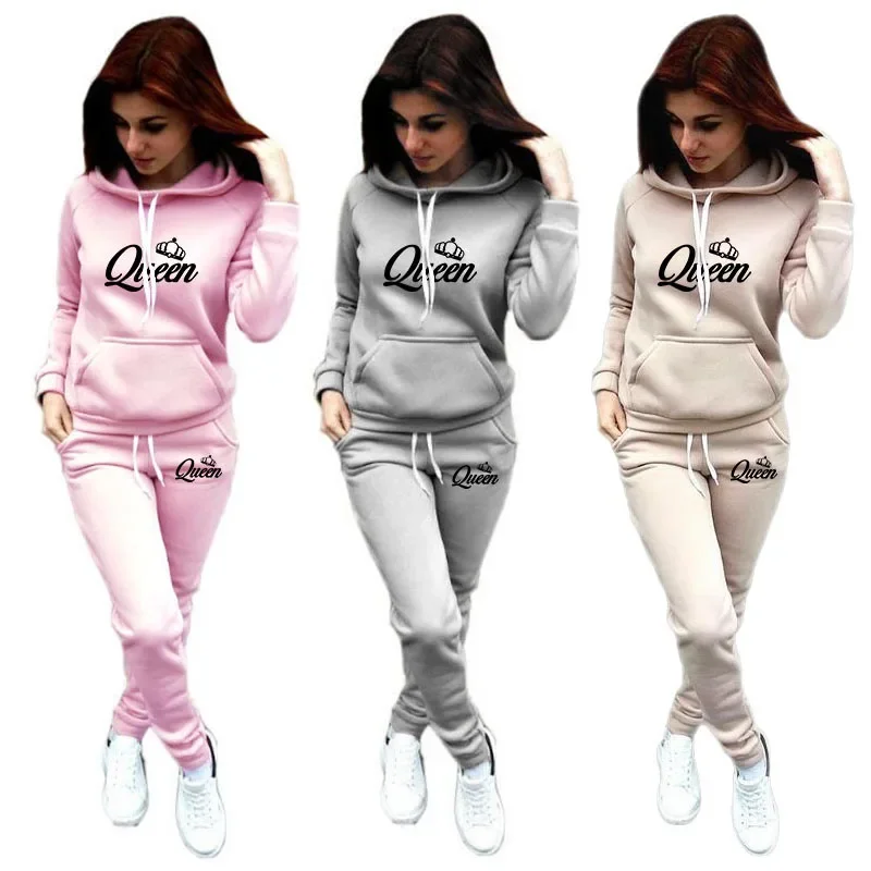 Autumn Winter Womens Tracksuit New in Queen Printing Hooded Sweatshirts Set Casual Jogging Clothing Fleece Warm Street Outfits