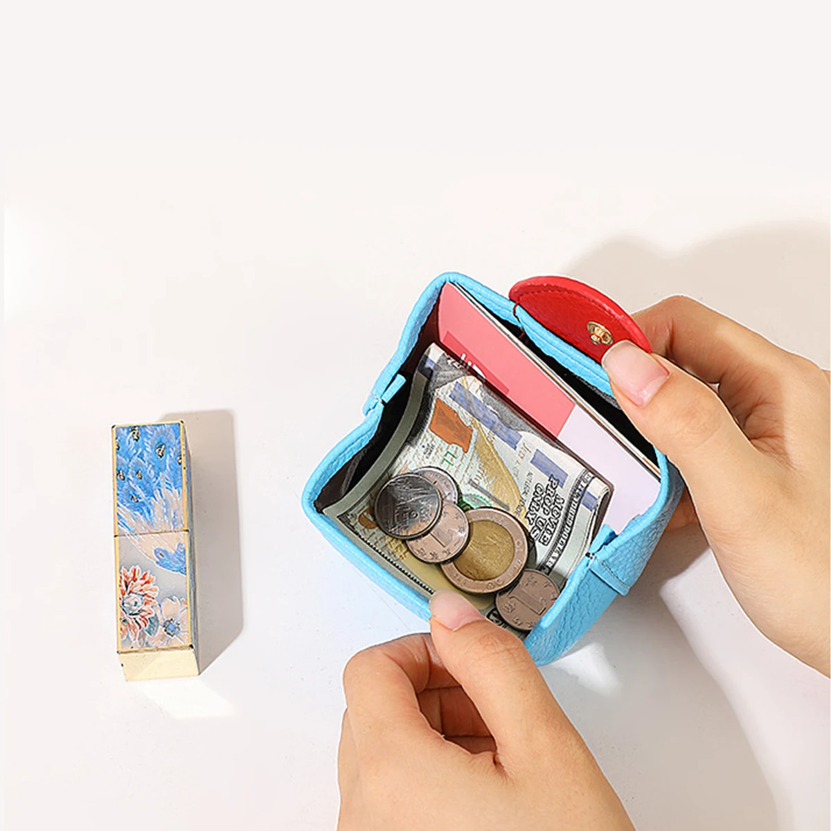 Love at First Sight Coin Purse Sky Blue Heart Snap Coin Purse Headphone Bag Mini PU Lipstick Pouch with Snap Closure view 3