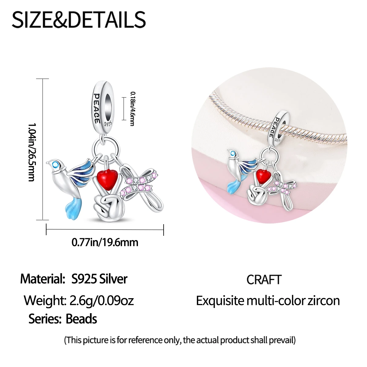 Charms Beads Peace Sign Hand Dove Heart Dangle Plata Fit Original 925 Charms Bracelet Peace Freedom Jewelry Gifts for Women