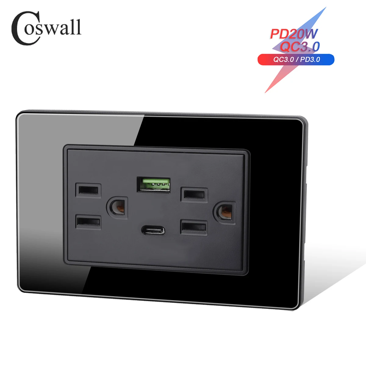 Coswall Glass Panel Black 15A American Standard Wall Power Socket With Dual USB Type A-C PD 3.0 20W Fast Charging 5V3A PPS