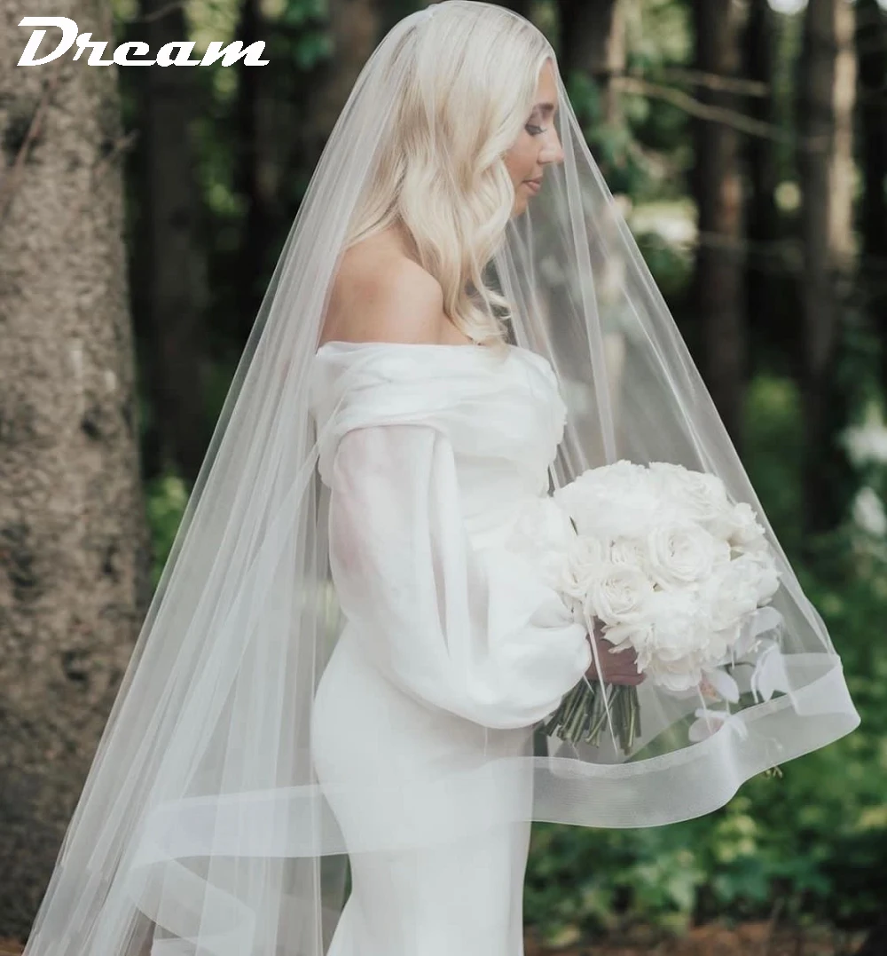 DREAM Customized Off Shoulder Elegant Mermaid Wedding Dress 2024 Long Puff Sleeves High Slit Simple Bridal Gown Sweep Train