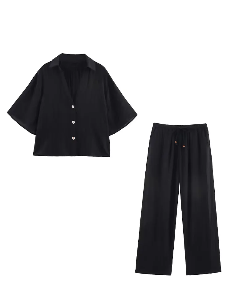 Hh feminino verão moda terno turn-down colarinho manga curta camisas single-breasted + cintura elástica calças de perna larga conjuntos femininos