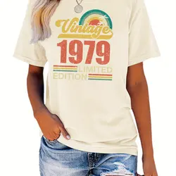 1979 Retro Letter Print T-Shirt Womens Casual Short Sleeve Crew Neck Top Comfortable & Lightweight For Spring & Summer Fashion