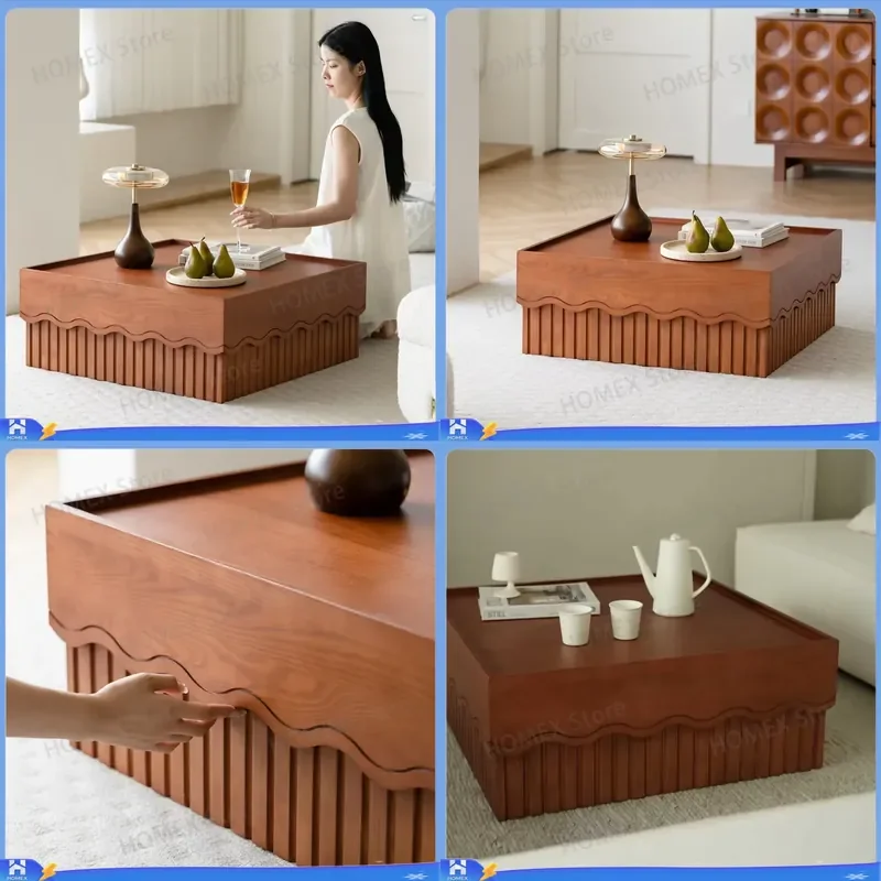 French Retro Solid Wood Coffee Table Medieval Style Square Side Table Simple Small Living Room Furniture Home Decor Accent
