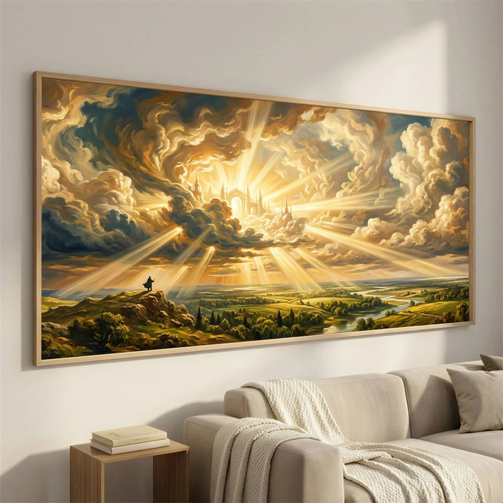 1pc frameless Canvas Painting Divine Clouds Canvas Painting Wall Art Golden Sun Rays Landscape Prints Heavenly Light Cloudscape