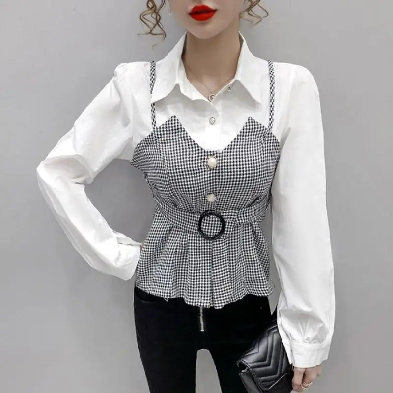 Women\'s Versatile Temperament Top 2023 Autumn and Winter New Fashion POLO Collar Splice Buttons Up Commuting Long Sleeved Shirt