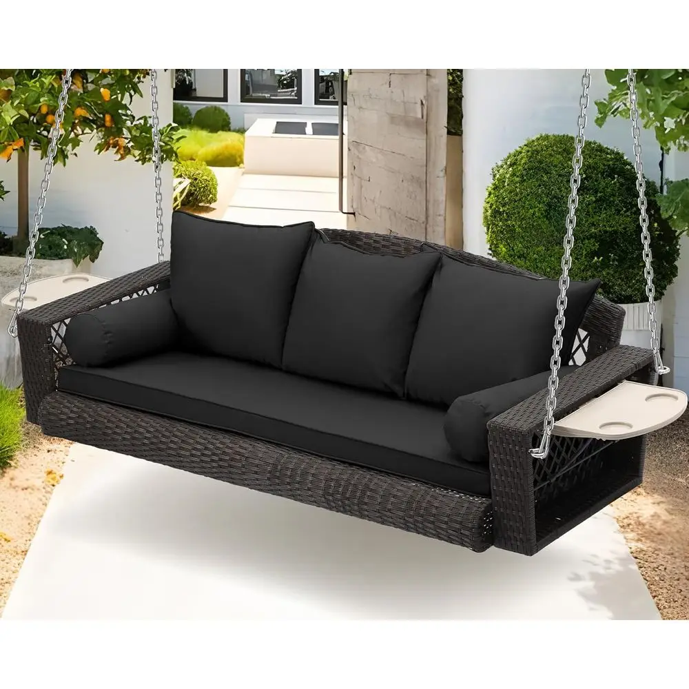 

Трехместные уличные качели-диван для веранды с подушками и подстаканниками – Садовая скамья-качели для патио и двора (черно-коричневый ротанг)