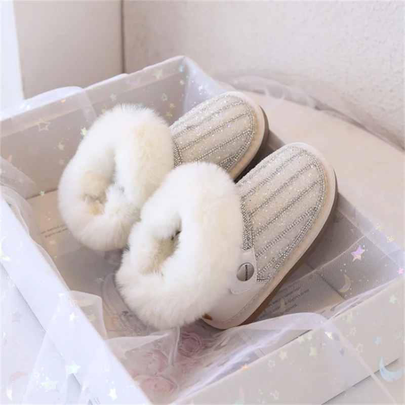 2025 Winter Children Snow Boots For Girls Leather Bling Bling Warm Plush Princess Shoes Non-slip Fashion Cotton Shoes EU21-30