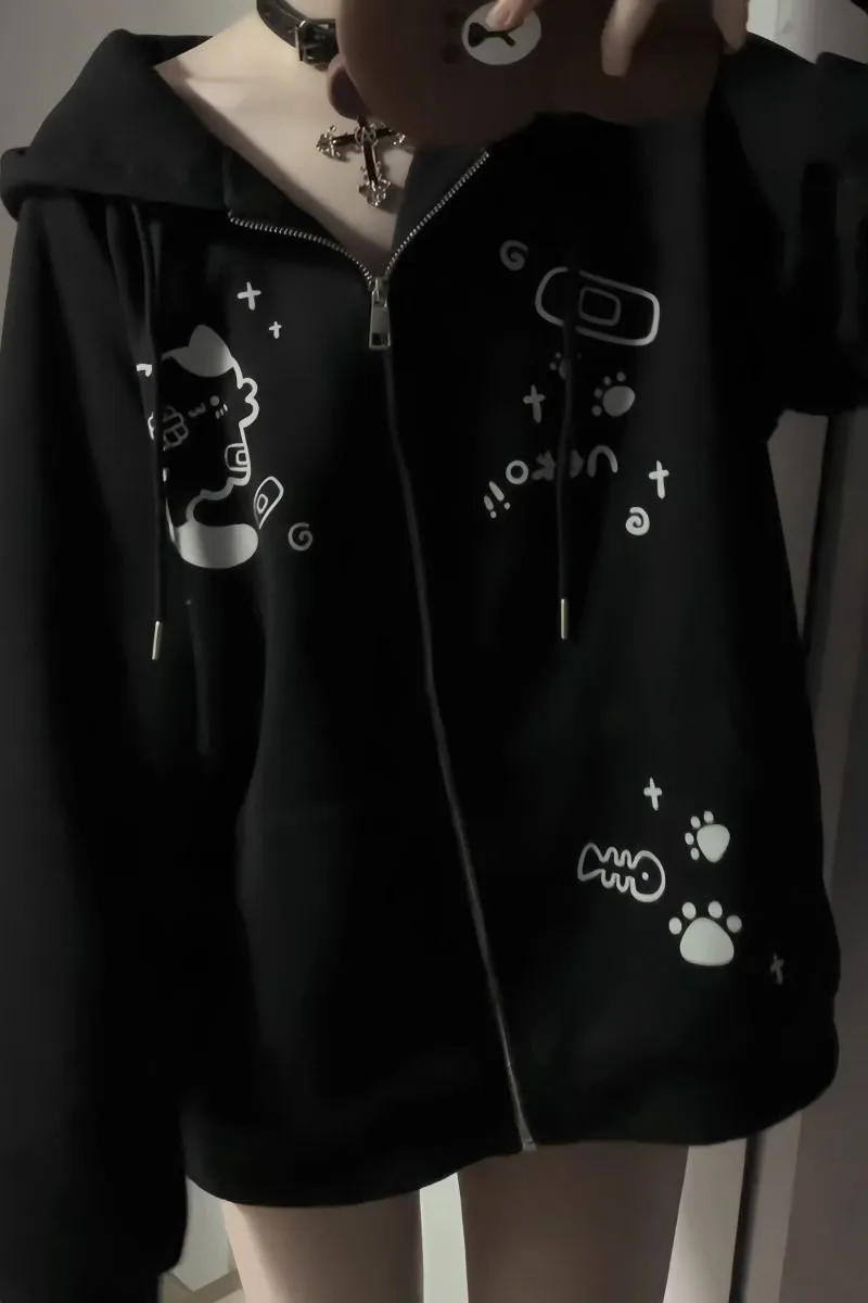 

Spring and Autumn New Sweet Cute Fishbone Cat Printed Loose Hoodie Heavy Weight Small and Comfortable Exquisite Cardigan Coat