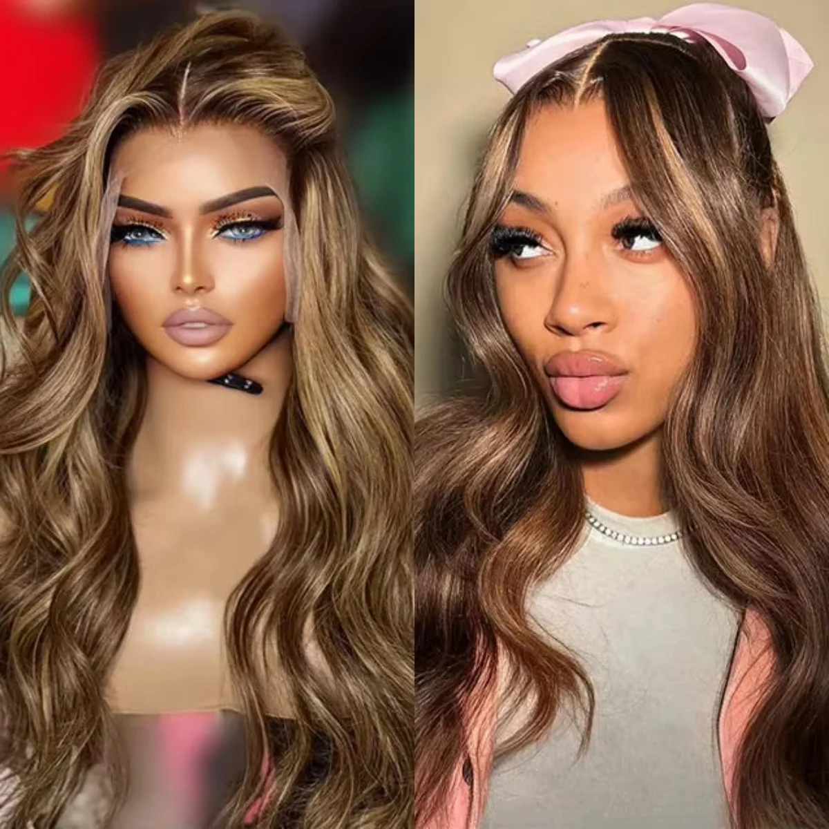 

Synthetic Wigs Long Length Body Wave Brunette Fibre Elastic Highlight Chocolate Brown Synthetic Lace Top Wigs Daily Cosplay Wigs