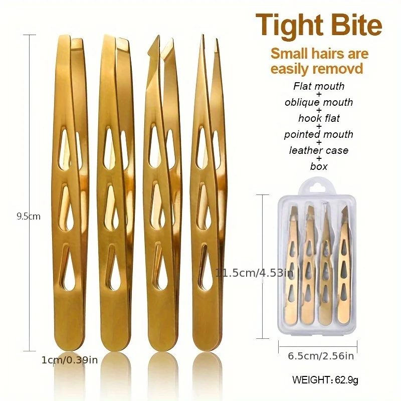 4Pcs Hollow Golden Eyebrow Tweezers Set, Stainless Steel Precision Tweezers for Eyebrow Shaping & Facial Hair Removal