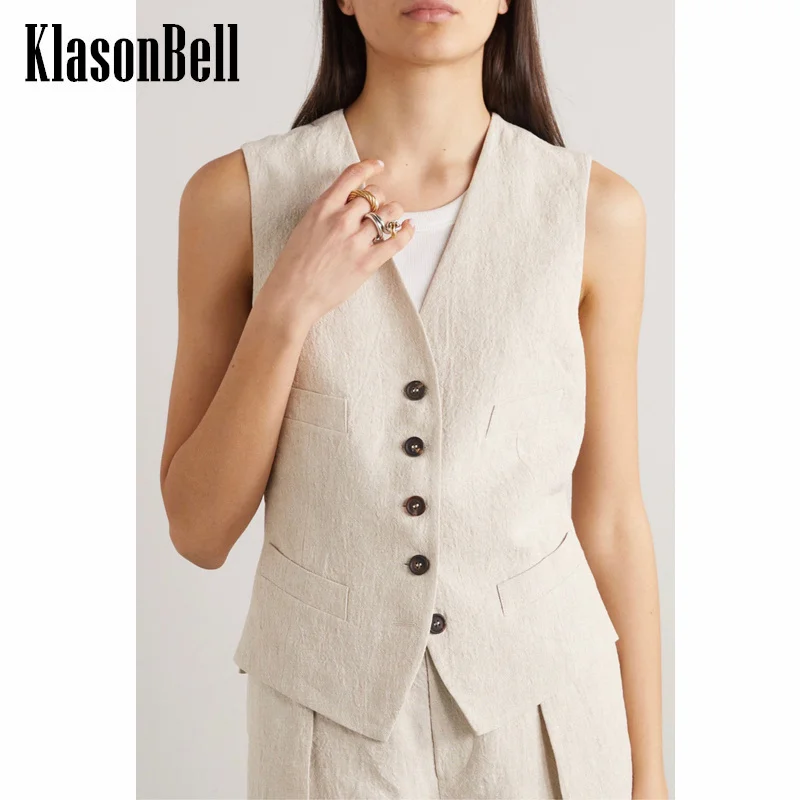 

3.16 KlasonBell Casual Fashion Linen Set Beading Chain Design V-Neck Single Breasted Short Vest Or High Waist Short Women's