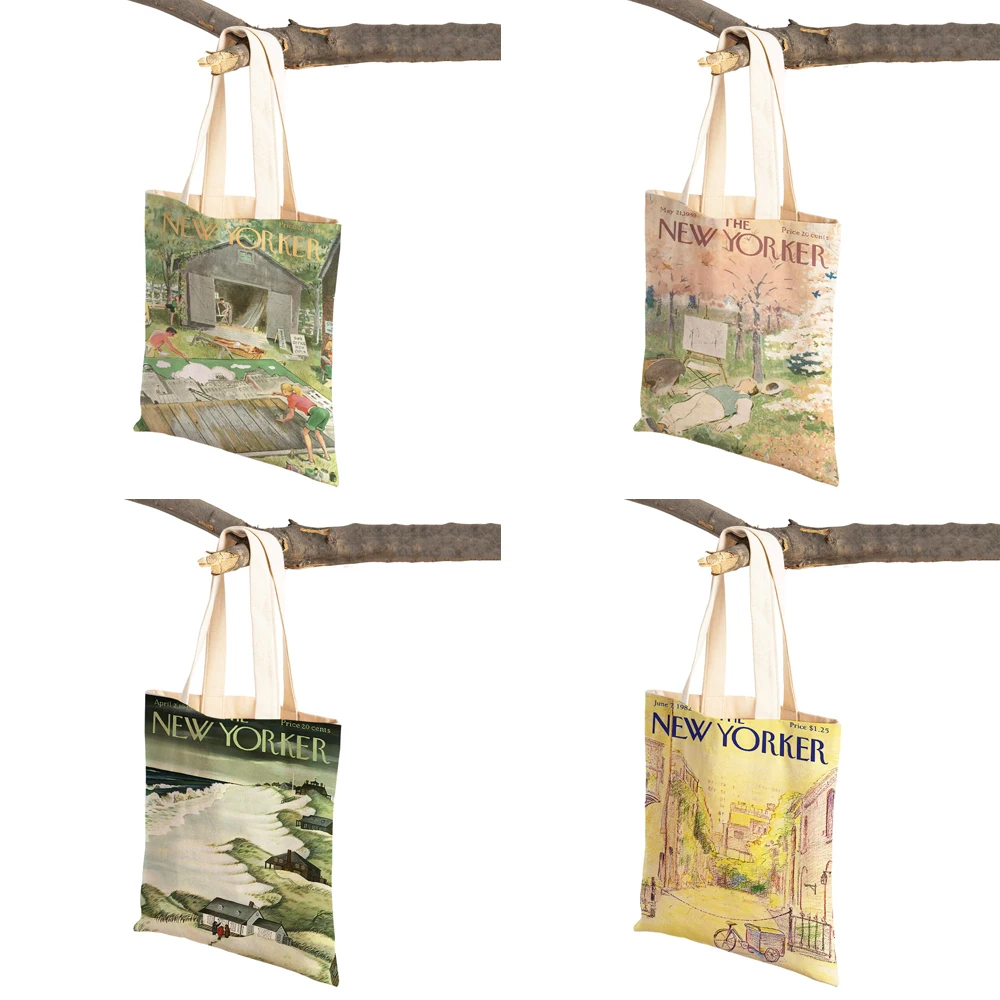 The New Yorker City Magazine Women Shopping Bags Double Print Casual Nordic Shopper Bag Lady Canvas Tote Eco Leaf Flower Handbag