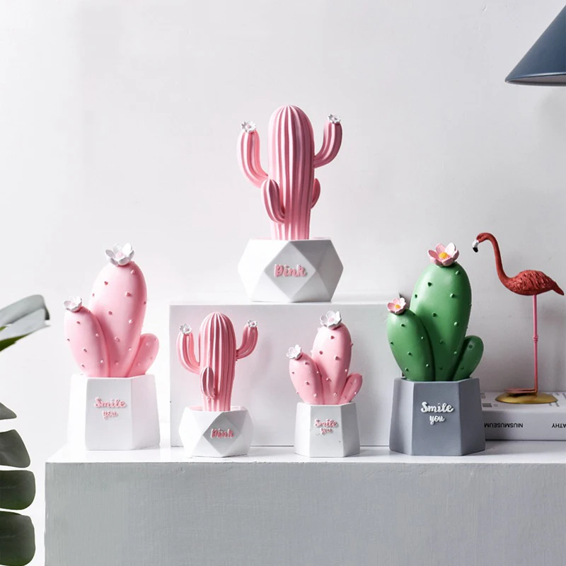 

Modern Resin Statues Bookcase Cactus Ornament Sculptures For The Room Gold Interior Decoration Desk Accessories Living Room Pink