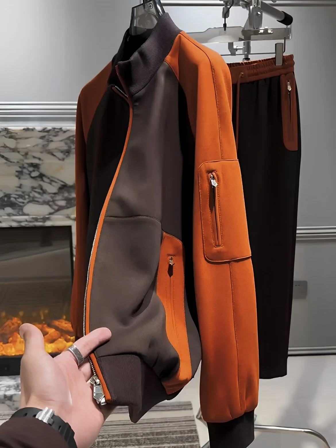 

Модный повседневный мужской спортивный костюм в стиле колор-блок, уличный стиль, осенняя новинка, молодежный комплект в стиле бойфренд, брюки с длинными рукавами