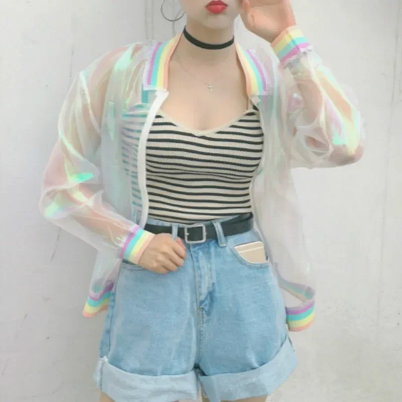 

Harajuku Reflectiive Rainbow Laser Baseball Jacket Root Yarn Coat Thin Perspective Sunscreen Cardigan Loose Zipper Striped Shirt