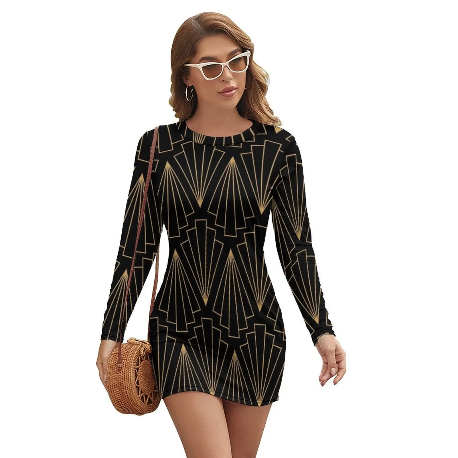 

Gold and Black Art Deco Pattern Long-sleeved Dress dress for women 2024 Women's clothing