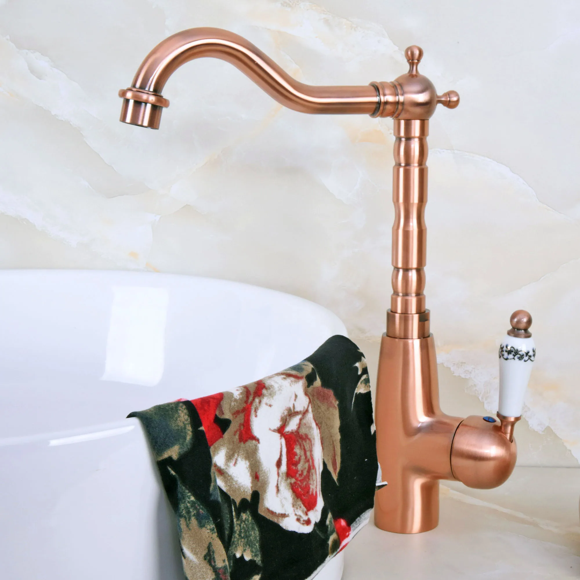 

Antique Red Copper Swivel Spout Bathroom Sink Faucet Kitchen Basin Cold And Hot Water Mixer Brass Taps Dnfr10