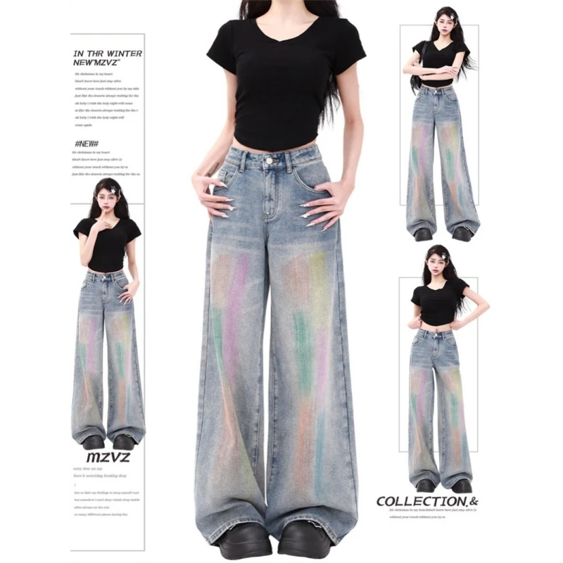 

Blue Clothes Y2K Jeans for Women American Wide Leg Pants High Waisted Vintage Straight Summer Colorful Baggy Jeans Trousers