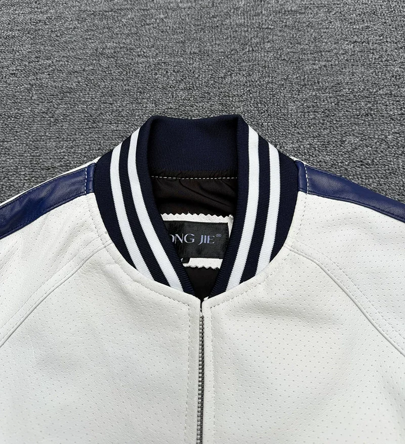 White first-layer goatskin genuine leather jacket men's baseball uniform pure leather jacket loose casual jacket