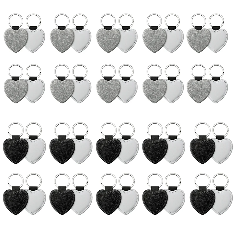 AU61-20PCS Sublimation Blanks Keychain Glitter PU Leather Keychain Heat Transfer Keyring Sublimation Blank Heart Shape