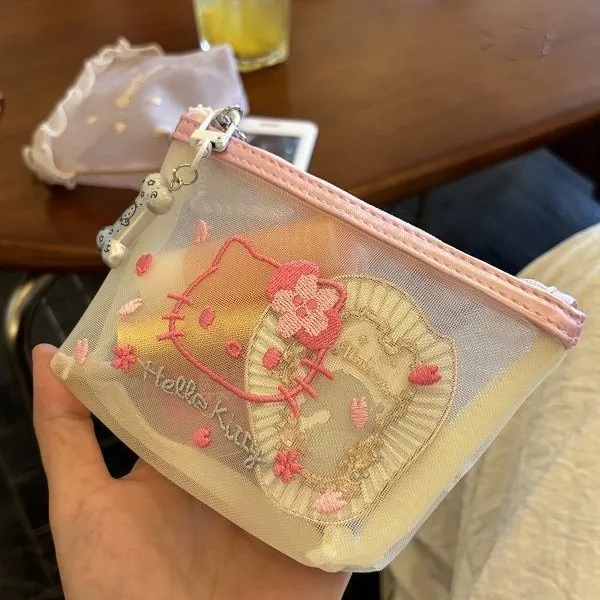 

Cute Sanrio Cartoon Hello Kitty Embroidered Cosmetic Bag Tissue Storage Portable Makeup Bag Stain-resistant Mesh with Zipper