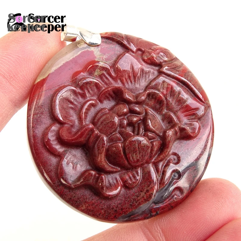 1PCS Hand Carved Peony Flower Natural Red jasper Stone Pendant Beads For Men Women Necklace Jewelry Bloodstone Figurine BG394