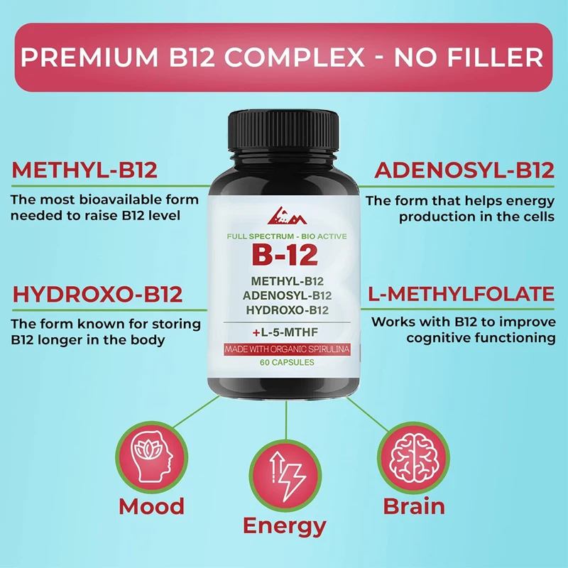 1000 mcg vitamin B12 complex containing methylcobalamine, adenosine cobalamine, and hydroxyB12 made from organic spirulina