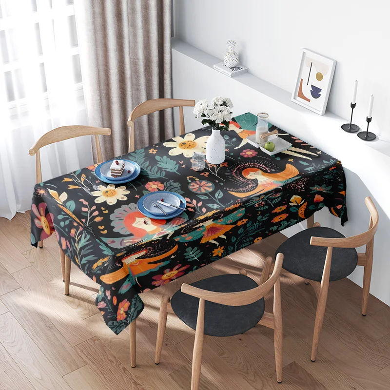 مفرش طاولة مطبوع عليه زهور لديكور المنزل، غطاء طعام بوليستر مقاوم للماء لتزيين المطبخ، تصميم زهور سوداء مع طيور #1
