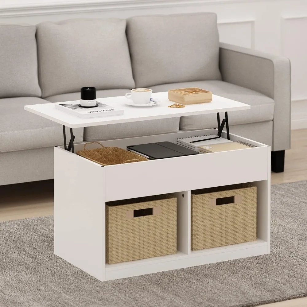 Jensen Table basse relevable pour salon avec compartiment caché, blanc massif