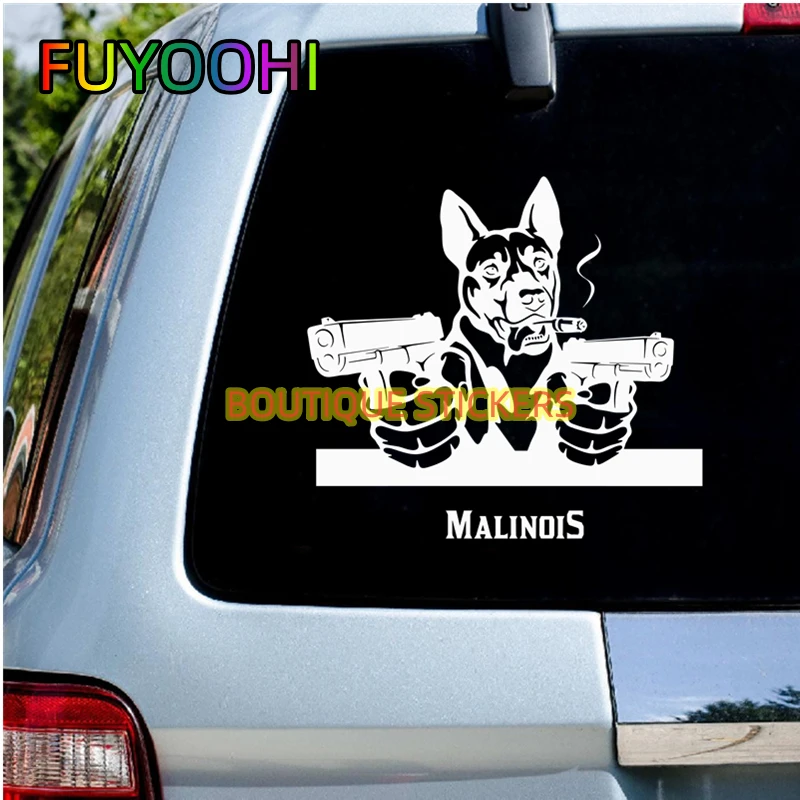 FUYOOHI Accessories Decal Gangster Belgian Shepherd Malinois Alaskan Dog with Gun Vinyl Car Stickers and Decals