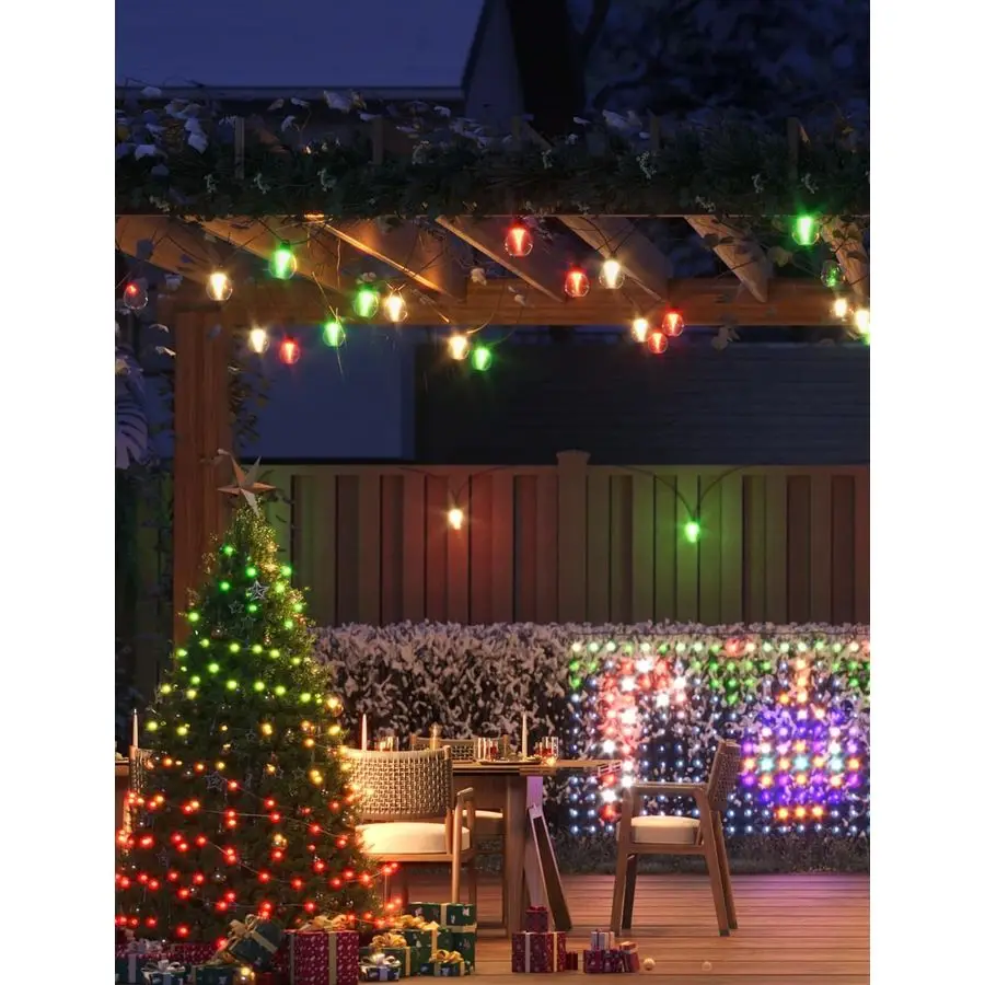 Outdoor Clear Bulb String Lights, 48ft RGBWIC Outdoor Lights with 15 Dimmable Warm White LED Bulbs, 111 Scene Modes for Patio, B