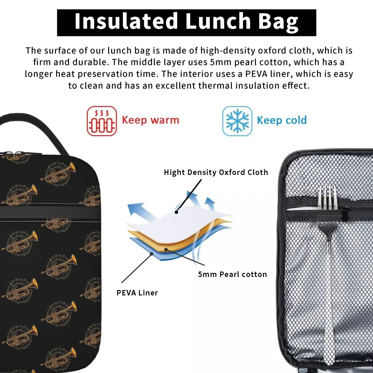 Trumpet Trumpeter Sheet Music - Trumpet Player Musician Insulated Lunch Bag Kids Portable Food Boxes Thermal Lunch Box Tote