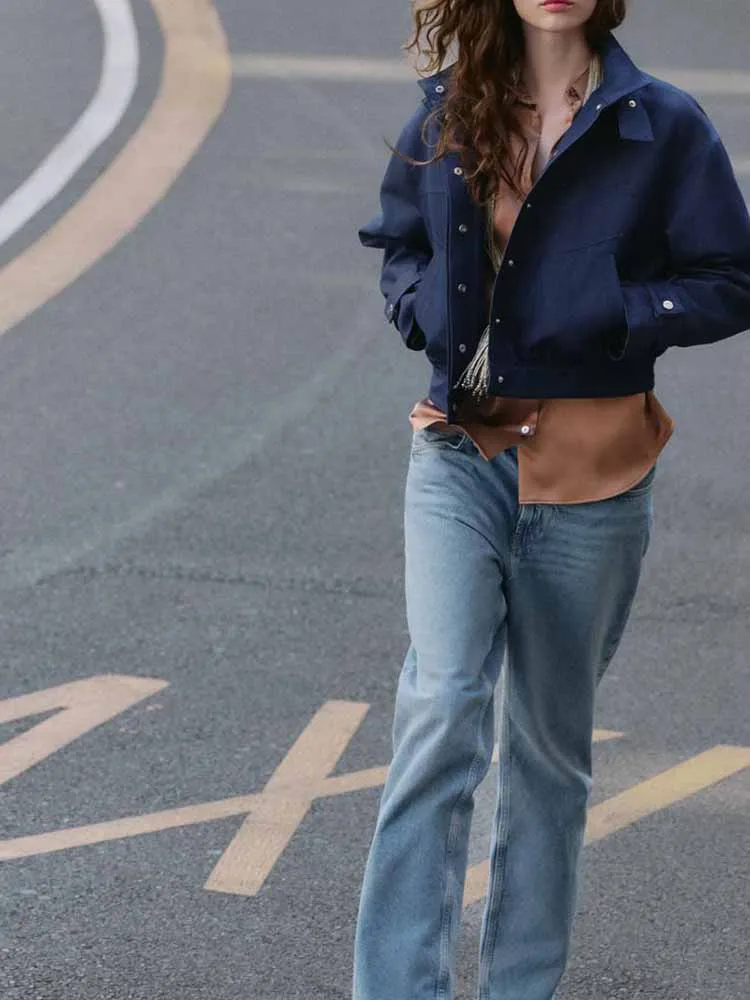 

European and American style autumn new fashion simple women's loose casual long-sleeved stand-up collar pilot jacket