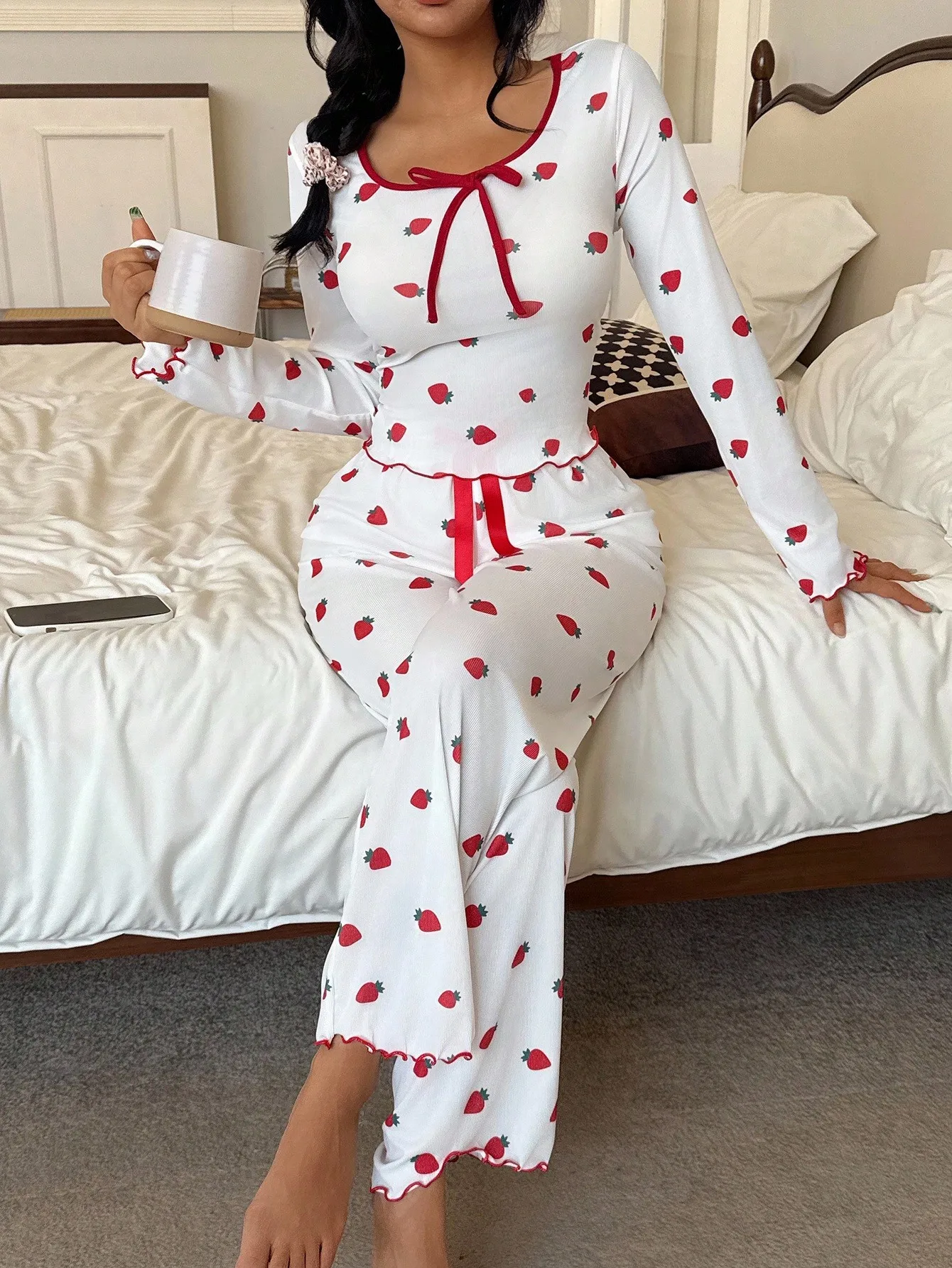 

Strawberry Print Long Sleeve Pajama Set with Ruffle Trim - Soft Cotton Blend