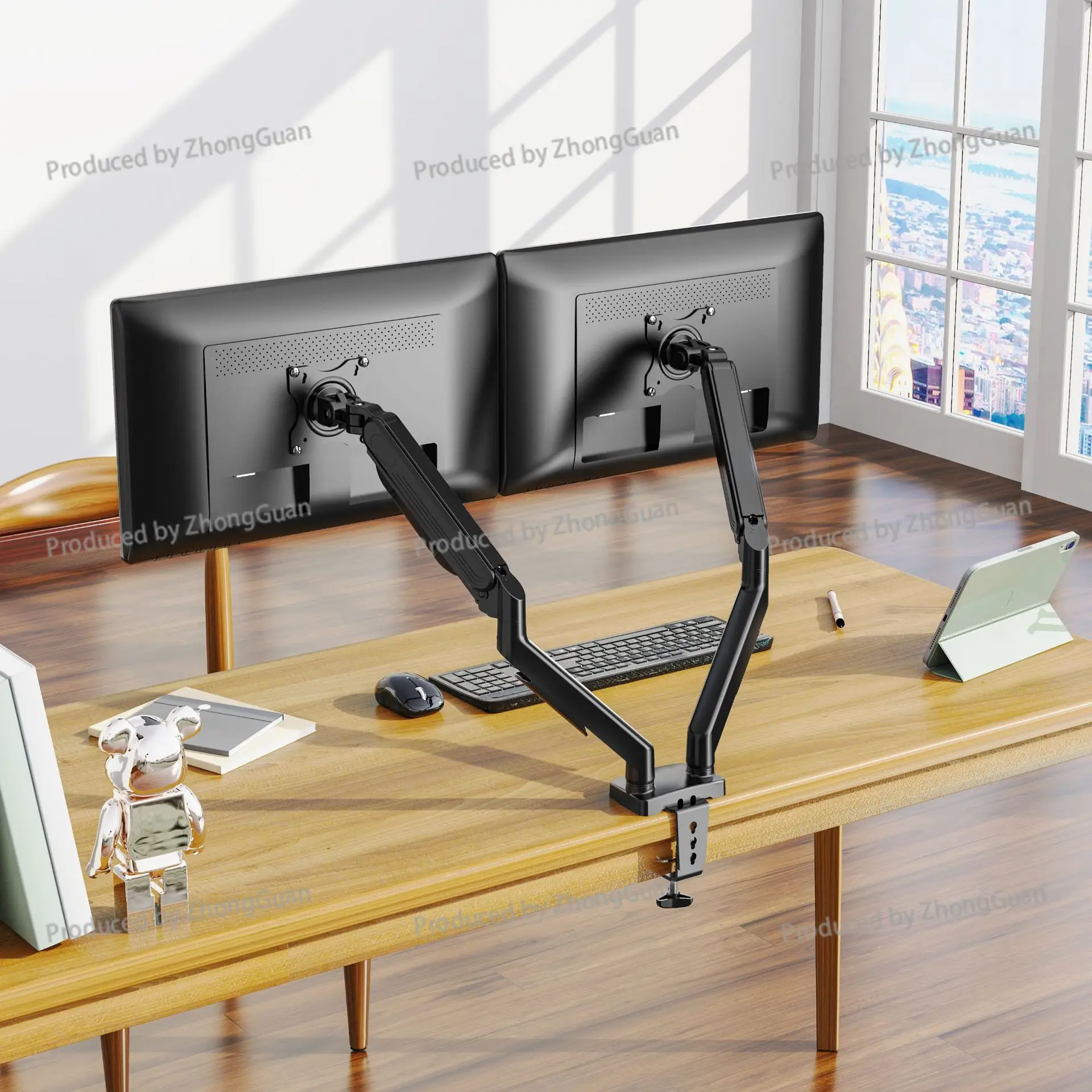 Gas Spring Dual-arm Monitor Mount, Free-floating Height Adjustment, Display Stand for Business and Office Use