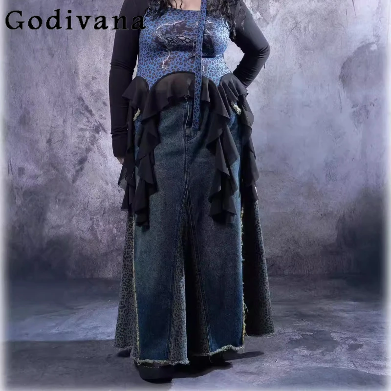 

Plus Size Elegant Leopard Print Cotton A-line High Waist Long Denim Skirt Personalized Girl Retro Blue Fashion Versatile Skirts