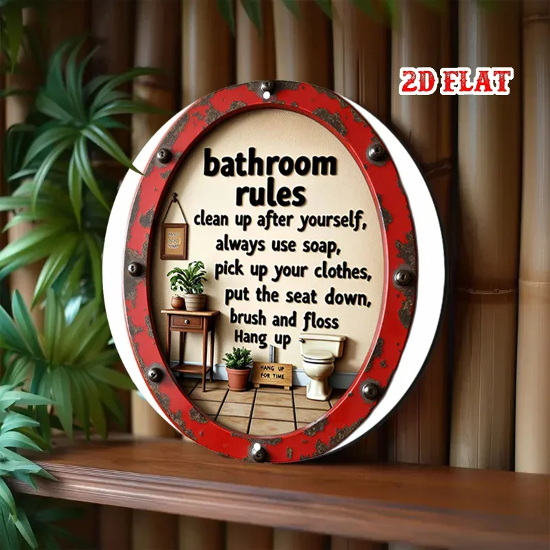 Bathroom Rules Metal Sign, Rustic Red Aluminum Toilet Etiquette Poster, Easy Hang Wall Plaque for Home & Office Decor