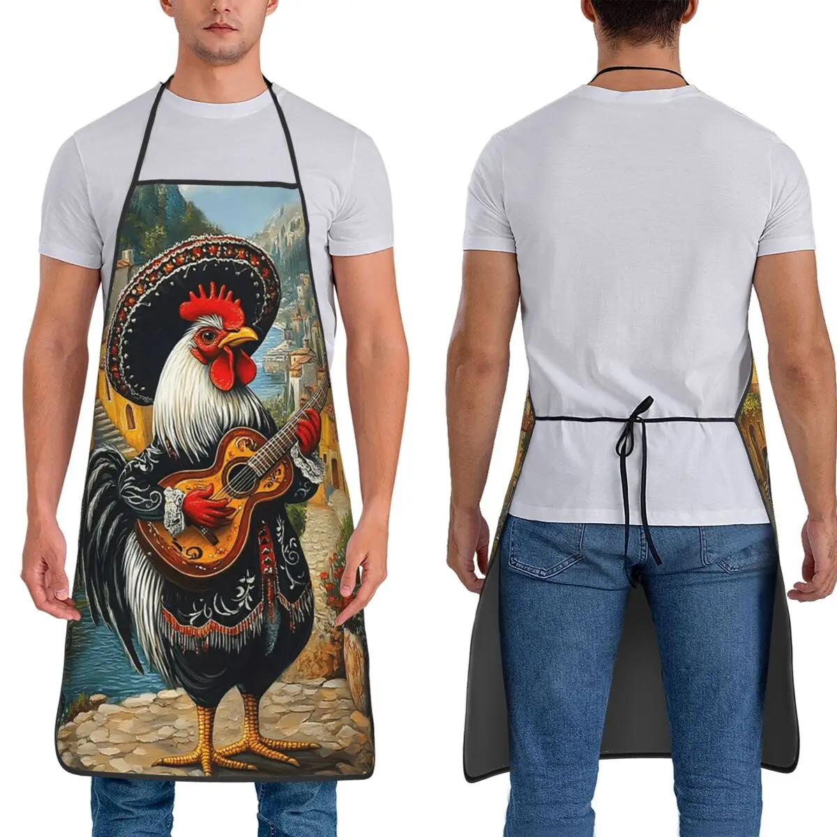 Playful Rooster Playing Guitar Apron Chef Baking Tablier Waterproof Bib Kitchen Cleaning Pinafore for Women Men Gardening