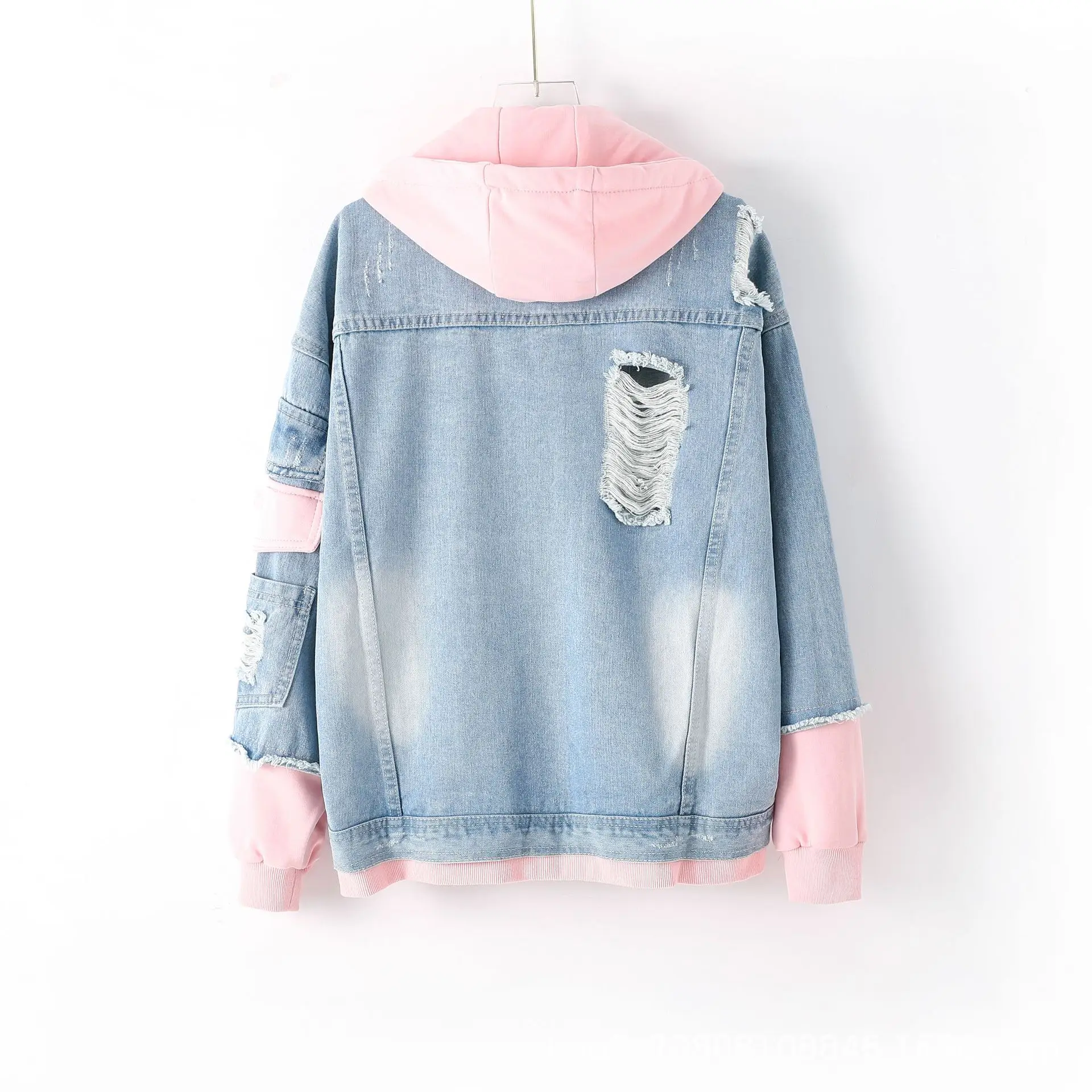 Pannelli larghi con cappuccio in stile europeo giacca di jeans donna primavera autunno rosa blu giacca di jeans con giunture divise cappotto monopetto con foro