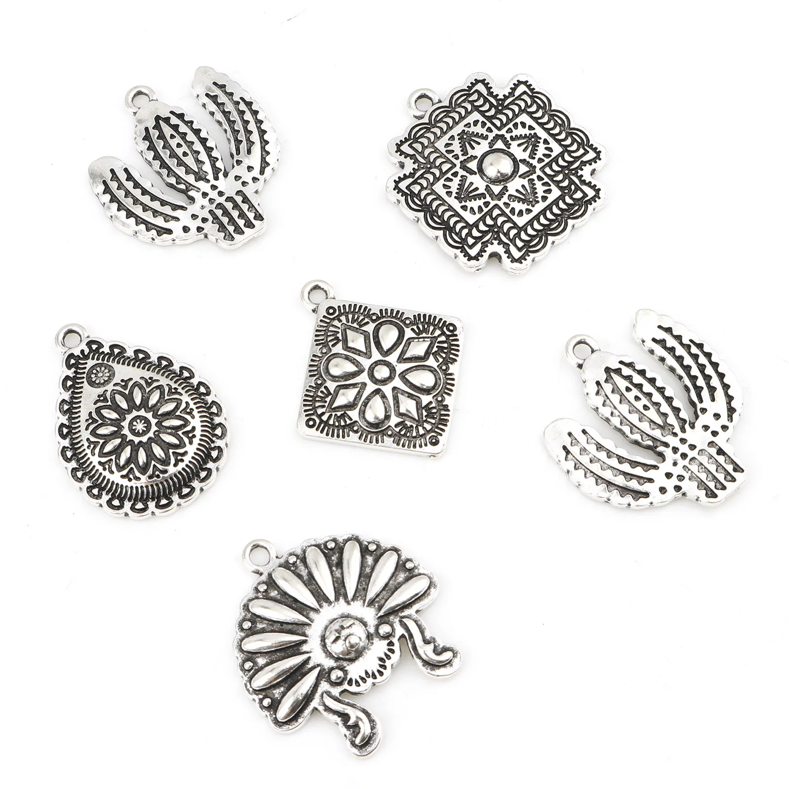 Vintage Geometric Charms Antique Silver Color Cactus Metal Pendants DIY Making Necklace Bracelets Women Jewelry Findings,10PCs