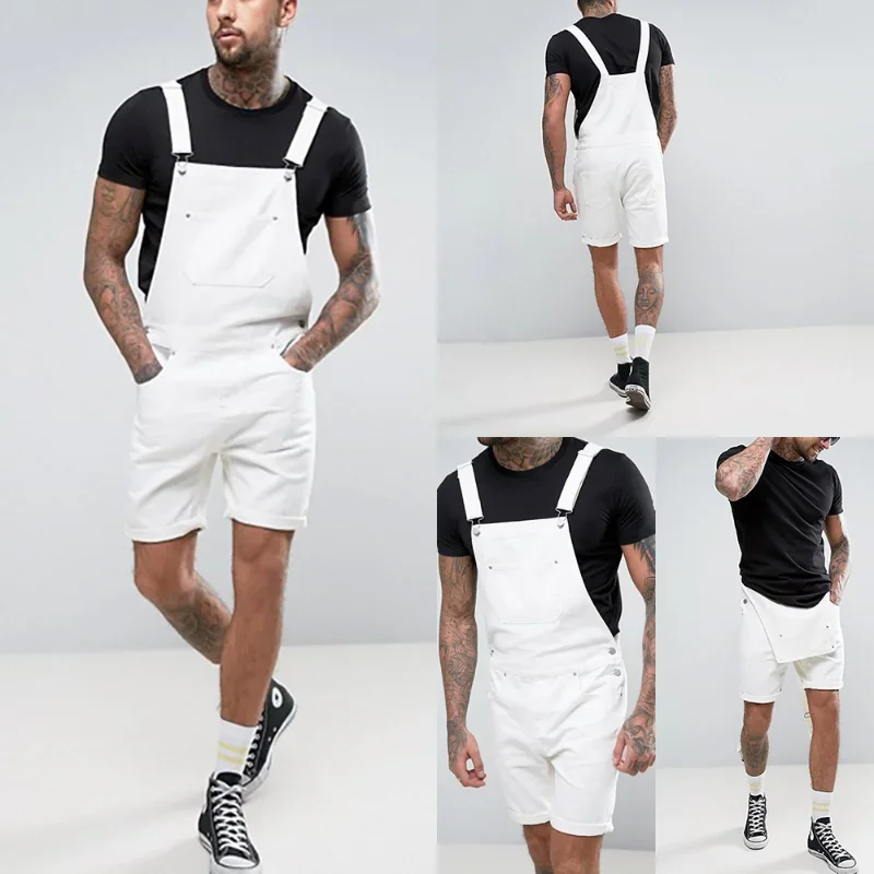 Autumn Vintage Men's Denim White Loop Shorts One Piece Work Suit Strap Pants S-3XL