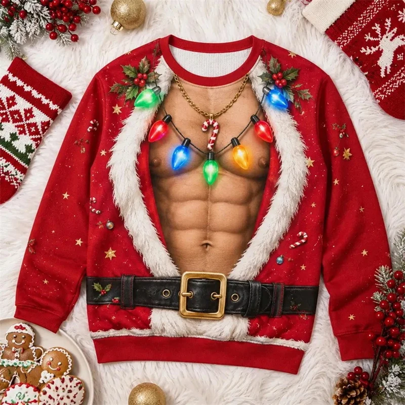 Lustiges Weihnachtsshirt mit Muskel-Weihnachtsmann-Motiv, 3D-Druck, hässlicher Pullover, Rundhalsausschnitt, lange Ärmel, Festtagskostüm, Herren- und Damen-Geschenk. – Detail 3