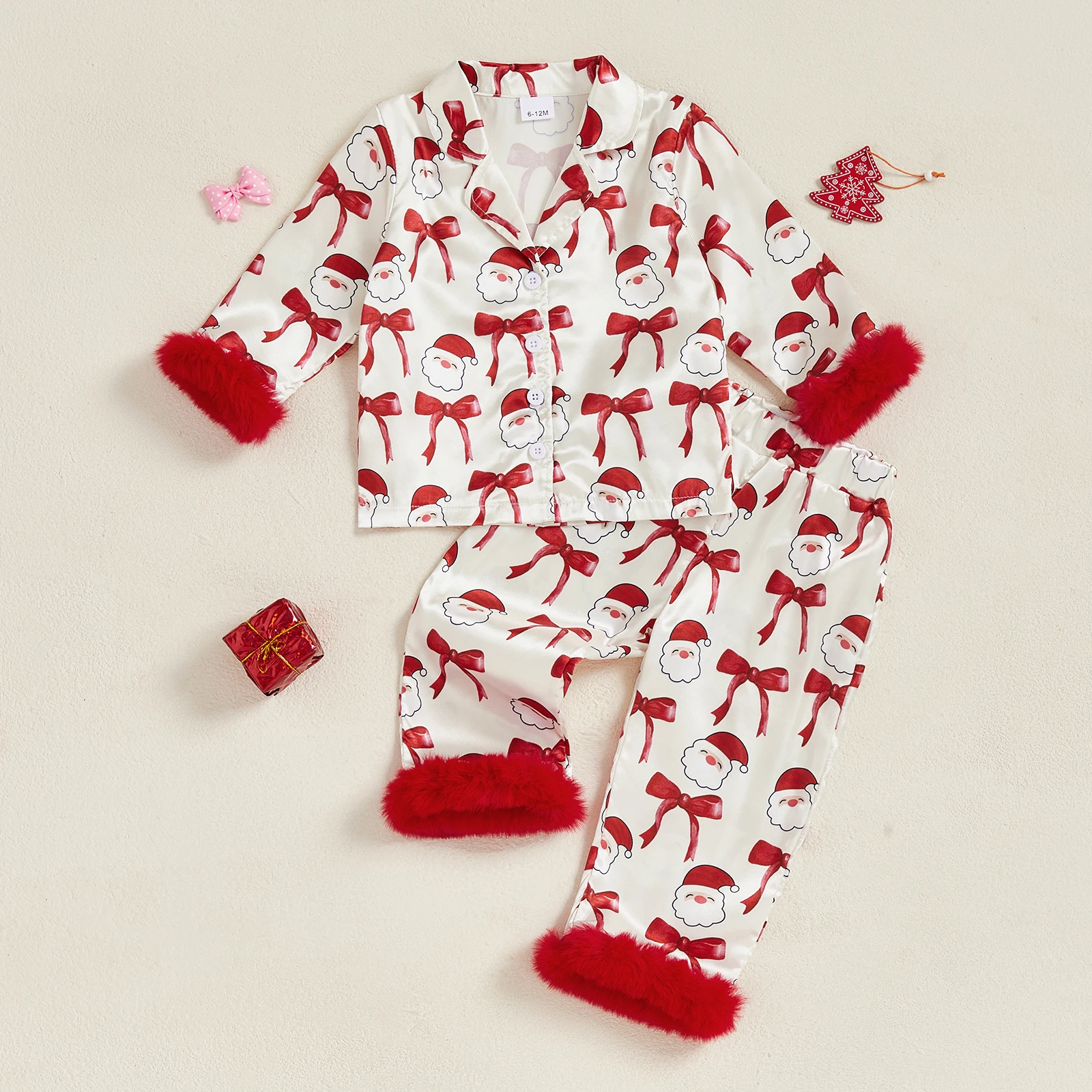 

Kids Girls Christmas Pajamas Set Bow Print Long Sleeve Tops with Elastic Waist Pants Satin Fall 2 Pieces Sleepwear