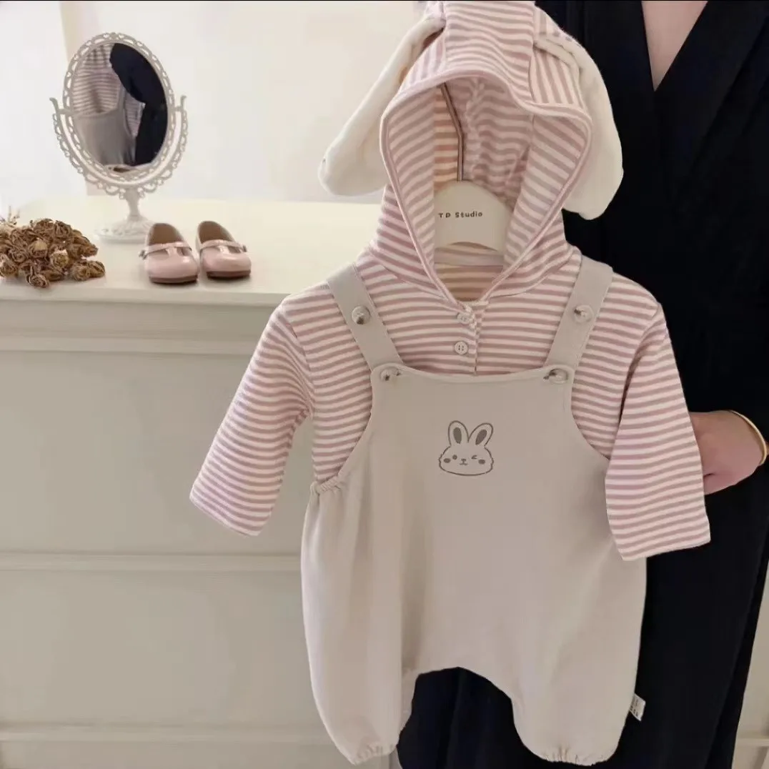 

Infant Autumn Cute Rabbit Striped Top Strap Pants Set Girl Baby Korean Edition Long Sleeve jumpsuit Two Piece Set