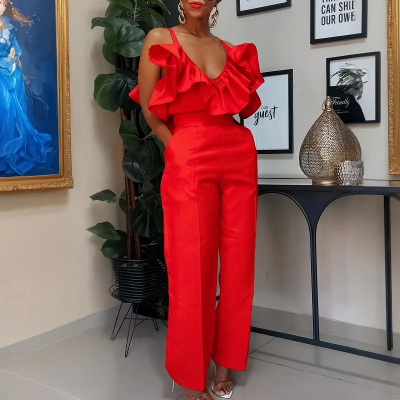 

Женский комплект из двух предметов с v-образным вырезом на тонких бретельках, укороченные топы с оборками, брюки с высокой талией, сексуальный женский костюм, летняя модная вечеринка, новый африканский костюм