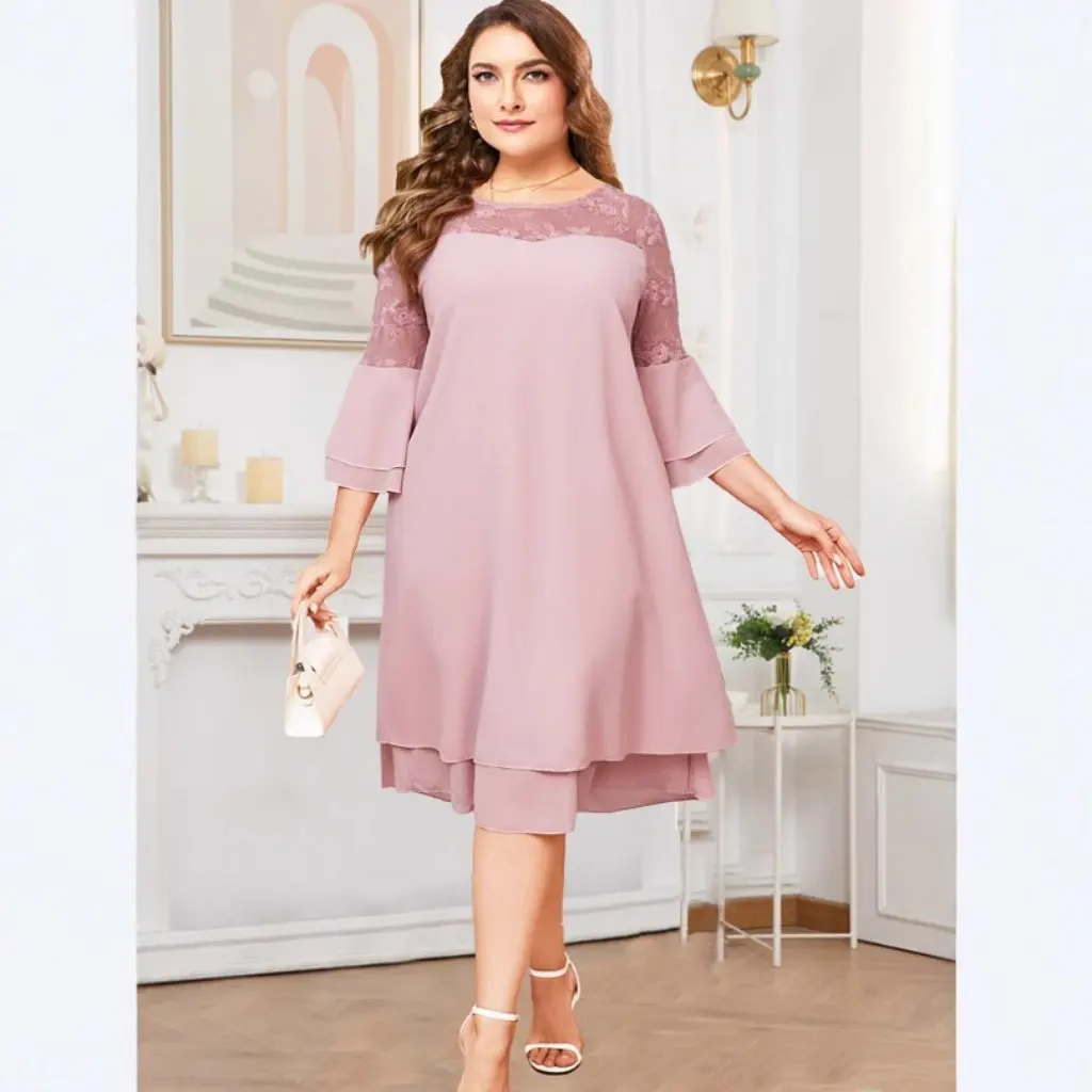plus Size Women's Fashion Dress Embroidery Stitching Solid Color New Ladies Wholesale Europe America Middle East