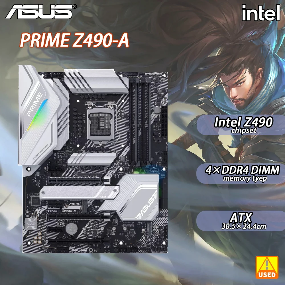 Used Mainboard, ASUS PRIME Motherboard, Z490-A, Z490 Chipset, LGA 1200 for 10th 11th Gen Core CPU, ATX Form Factor, 4 DDR4 Slots