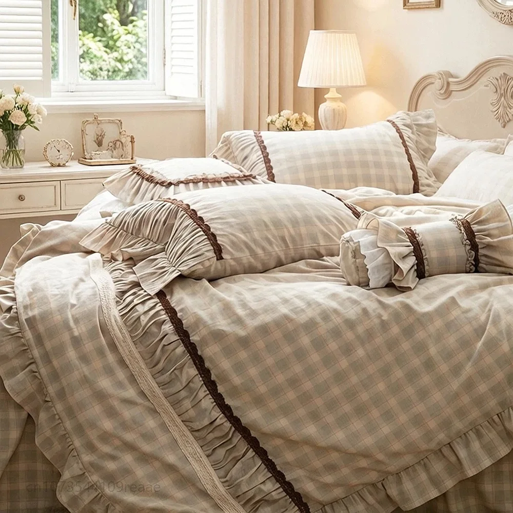 Edinburgh French Korean Style Cotton Striped Bed Skirt 4Pcs Bedding Set